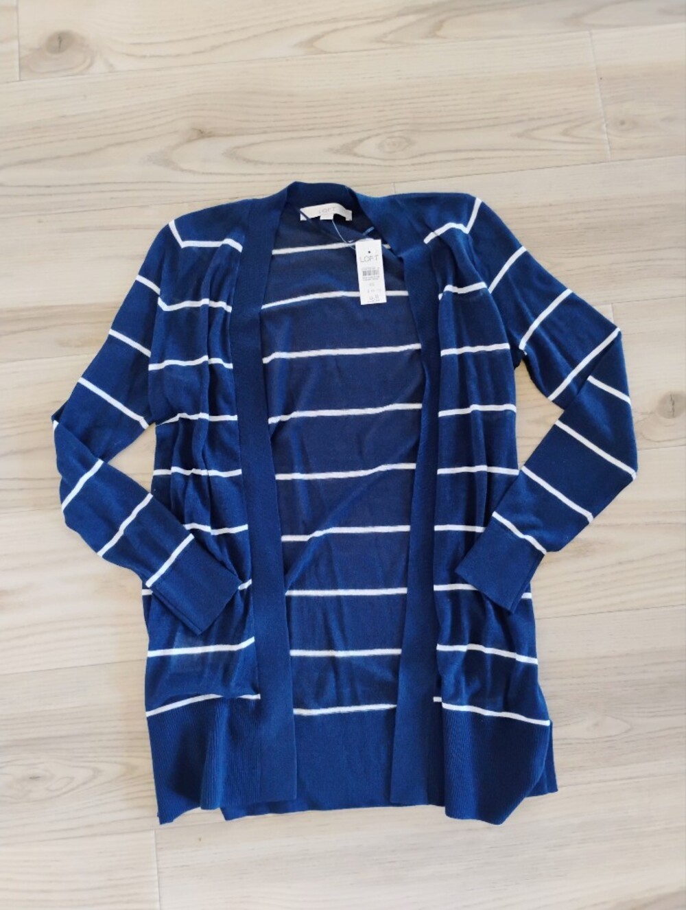 LOFT Navy and White Striped Open-Front Cardigan
